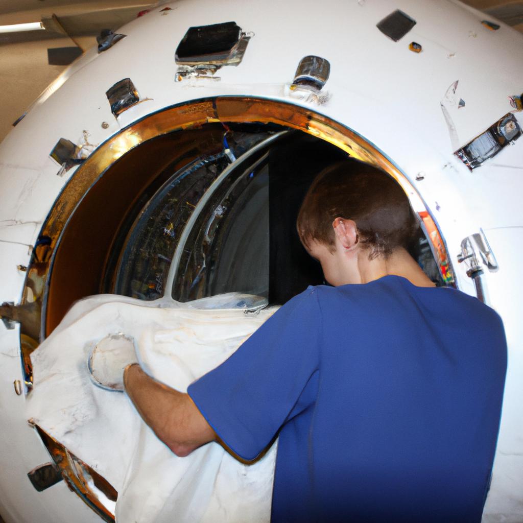 Person working on spacecraft insulation