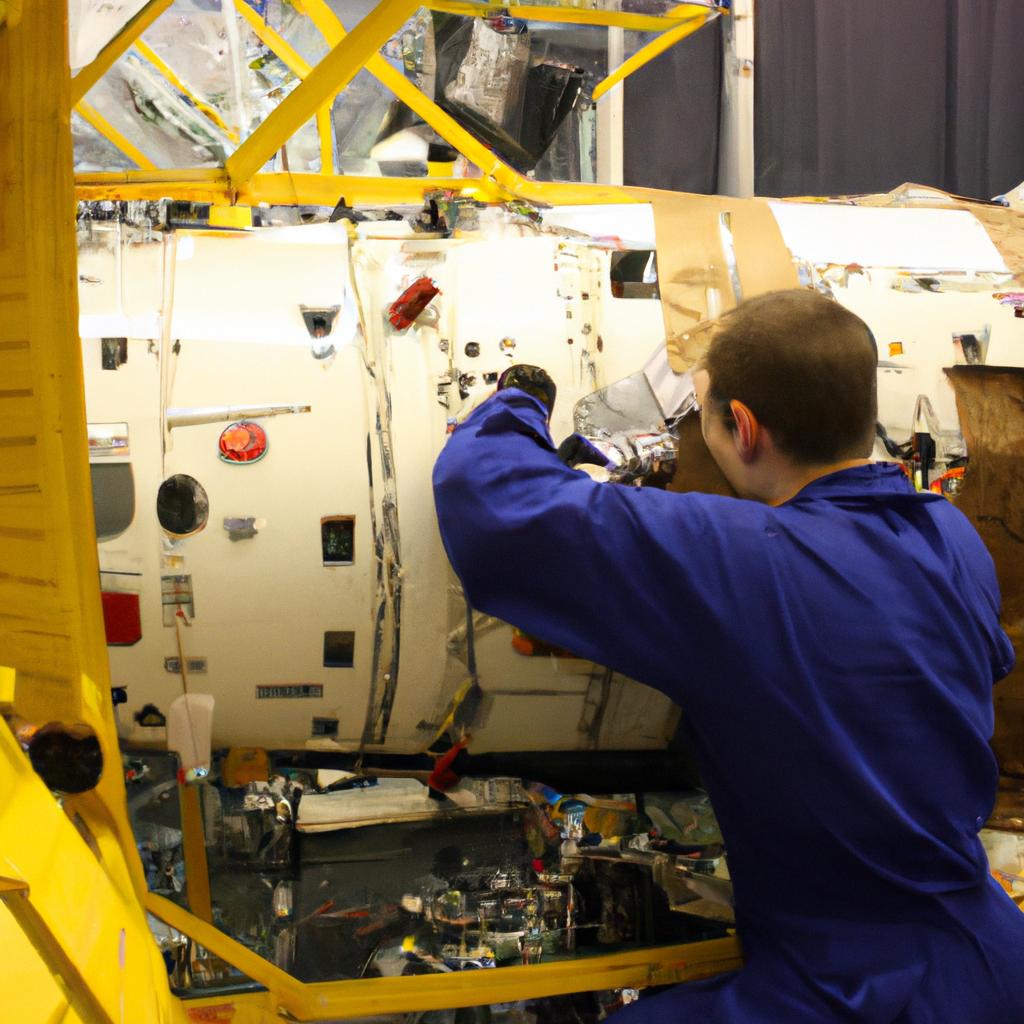 Person working on spacecraft assembly